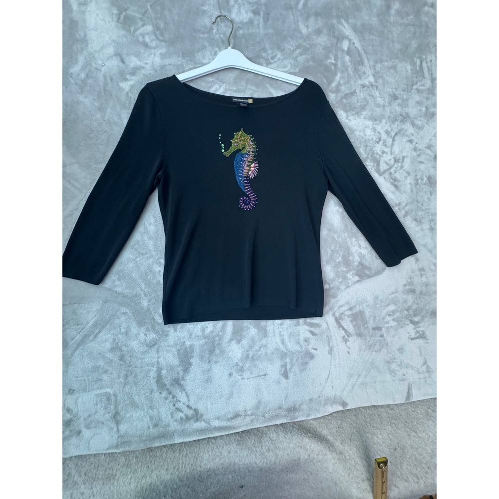 Sweaterworks Black Beaded Seahorse Knit Top 3/4 Sleeve Boat Neck Size M 1618